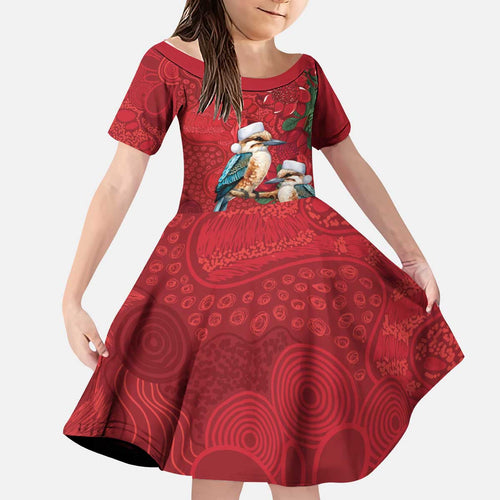 Aussie Kokaburra Waratah Christmas Kid Short Sleeve Dress Aboriginal Dots Painting - Aussie Hoodie