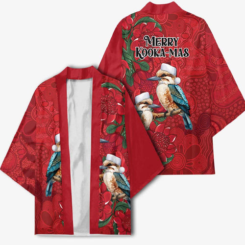 Aussie Kokaburra Waratah Christmas Kimono Aboriginal Dots Painting - Aussie Hoodie