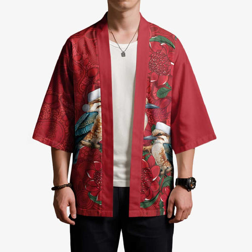 Aussie Kokaburra Waratah Christmas Kimono Aboriginal Dots Painting - Aussie Hoodie