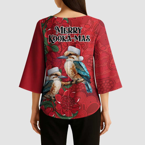 Aussie Kokaburra Waratah Christmas Kimono Sleeve Blouse Aboriginal Dots Painting - Aussie Hoodie