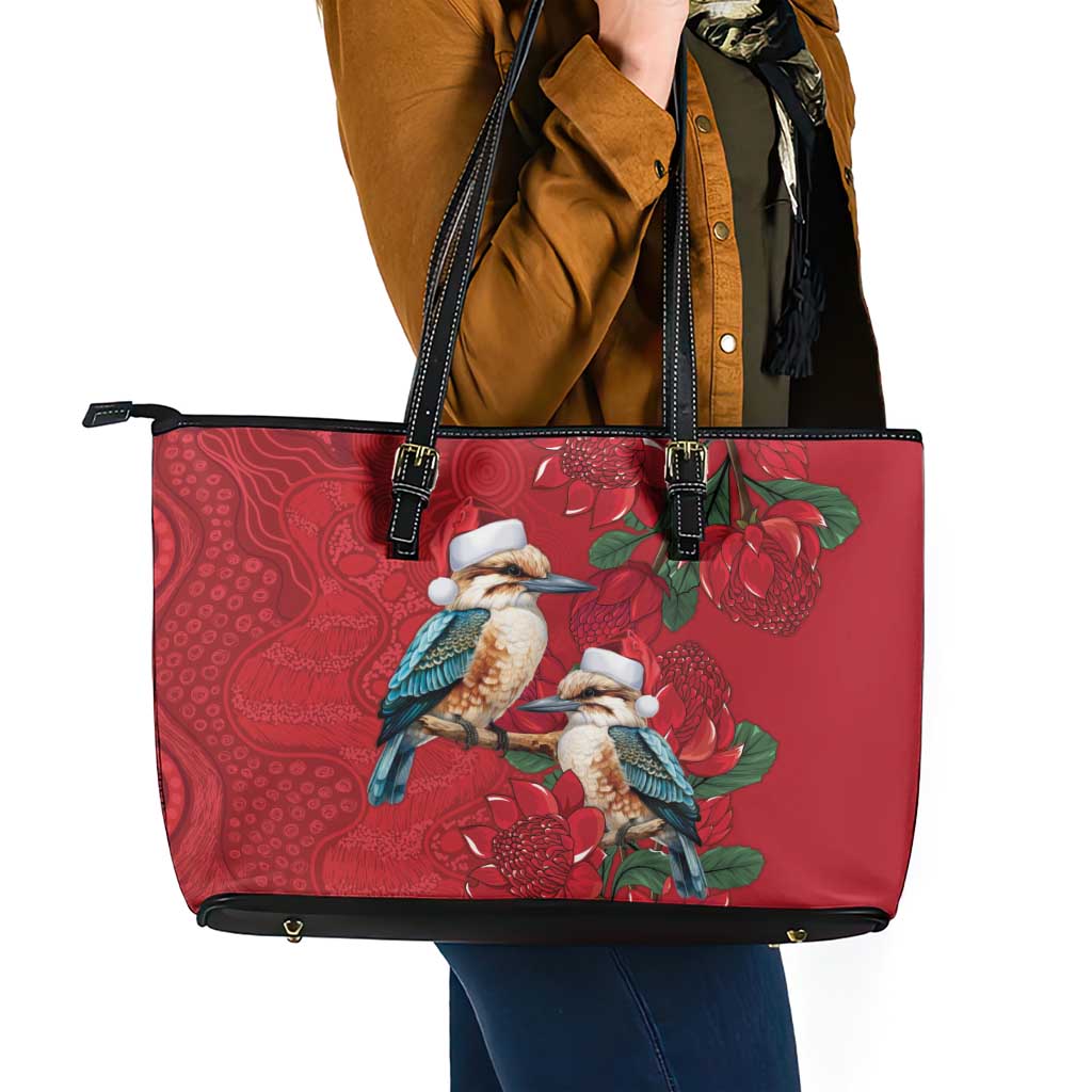Aussie Kokaburra Waratah Christmas Leather Tote Bag Aboriginal Dots Painting - Aussie Hoodie