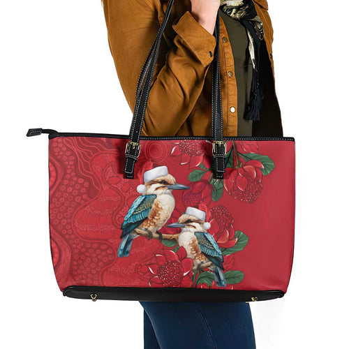 Aussie Kokaburra Waratah Christmas Leather Tote Bag Aboriginal Dots Painting - Aussie Hoodie