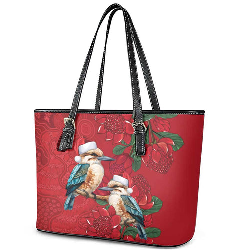 Aussie Kokaburra Waratah Christmas Leather Tote Bag Aboriginal Dots Painting - Aussie Hoodie