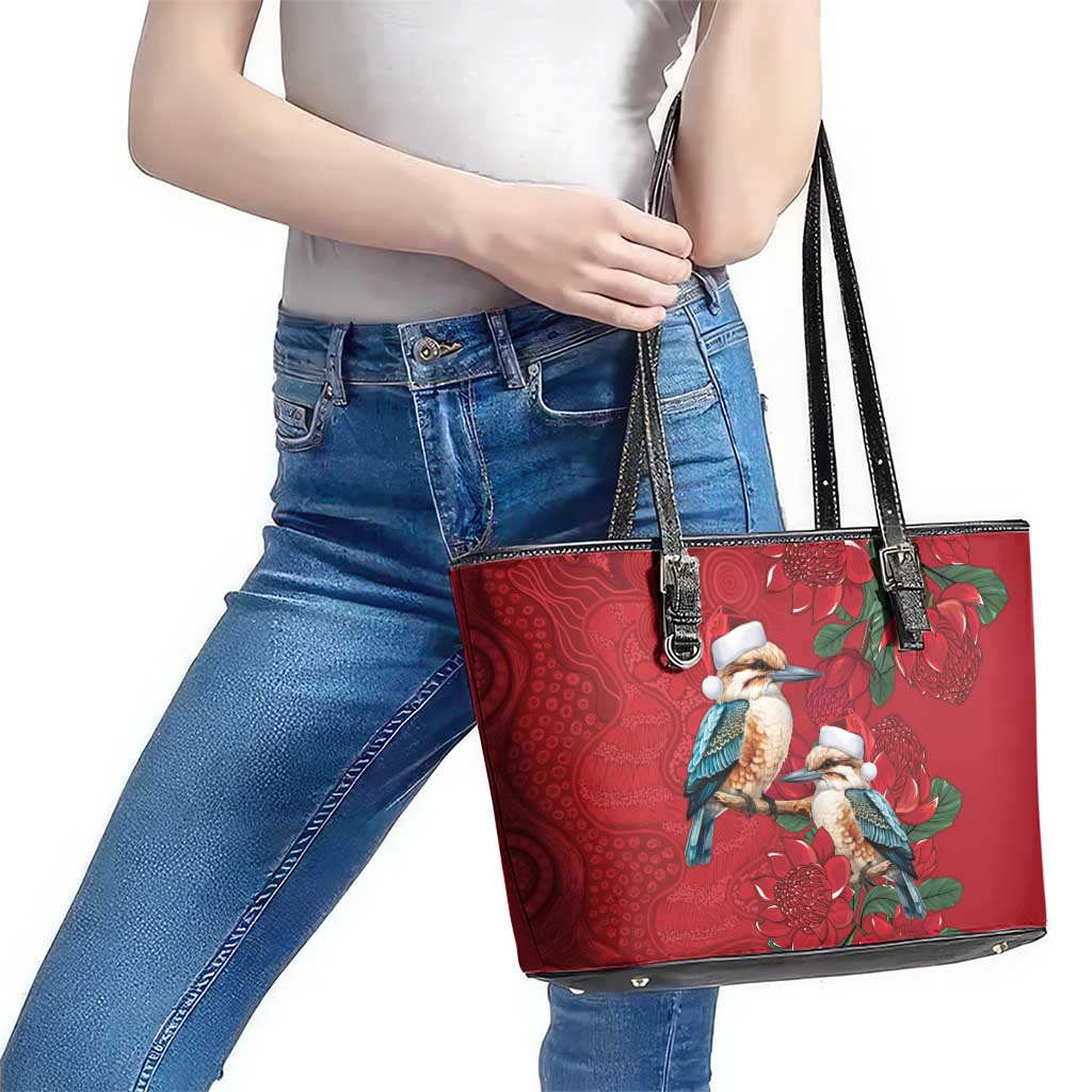Aussie Kokaburra Waratah Christmas Leather Tote Bag Aboriginal Dots Painting - Aussie Hoodie