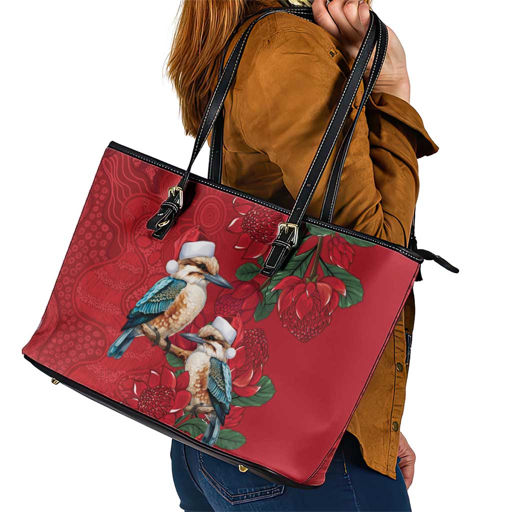 Aussie Kokaburra Waratah Christmas Leather Tote Bag Aboriginal Dots Painting - Aussie Hoodie