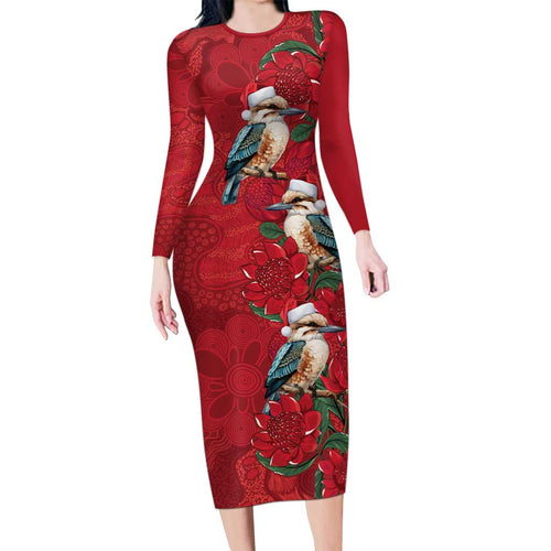 Aussie Kokaburra Waratah Christmas Long Sleeve Bodycon Dress Aboriginal Dots Painting - Aussie Hoodie