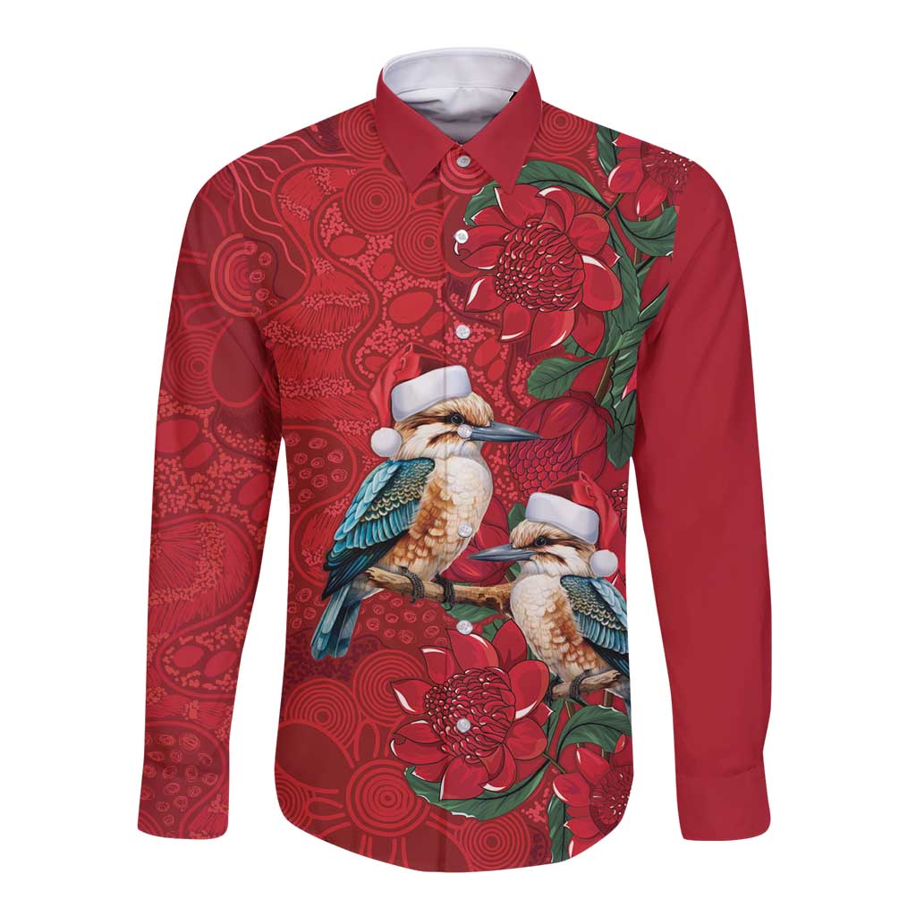Aussie Kokaburra Waratah Christmas Long Sleeve Button Shirt Aboriginal Dots Painting - Aussie Hoodie