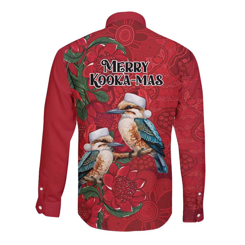 Aussie Kokaburra Waratah Christmas Long Sleeve Button Shirt Aboriginal Dots Painting - Aussie Hoodie