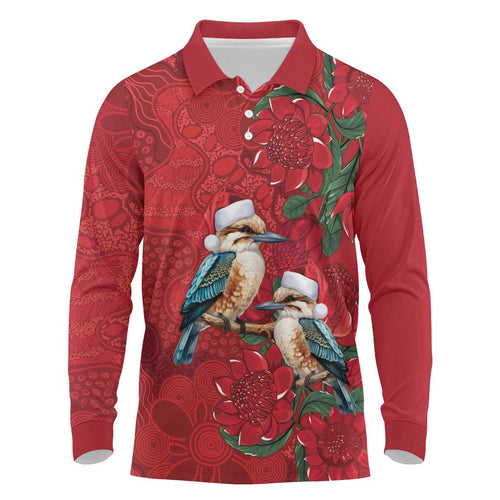 Aussie Kokaburra Waratah Christmas Long Sleeve Polo Shirt Aboriginal Dots Painting - Aussie Hoodie