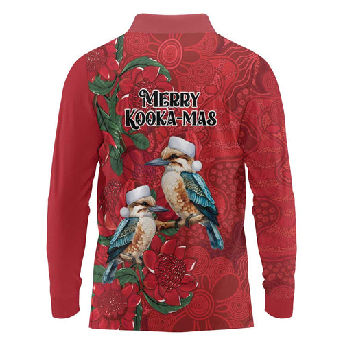 Aussie Kokaburra Waratah Christmas Long Sleeve Polo Shirt Aboriginal Dots Painting - Aussie Hoodie