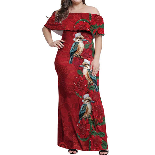 Aussie Kokaburra Waratah Christmas Off Shoulder Maxi Dress Aboriginal Dots Painting - Aussie Hoodie