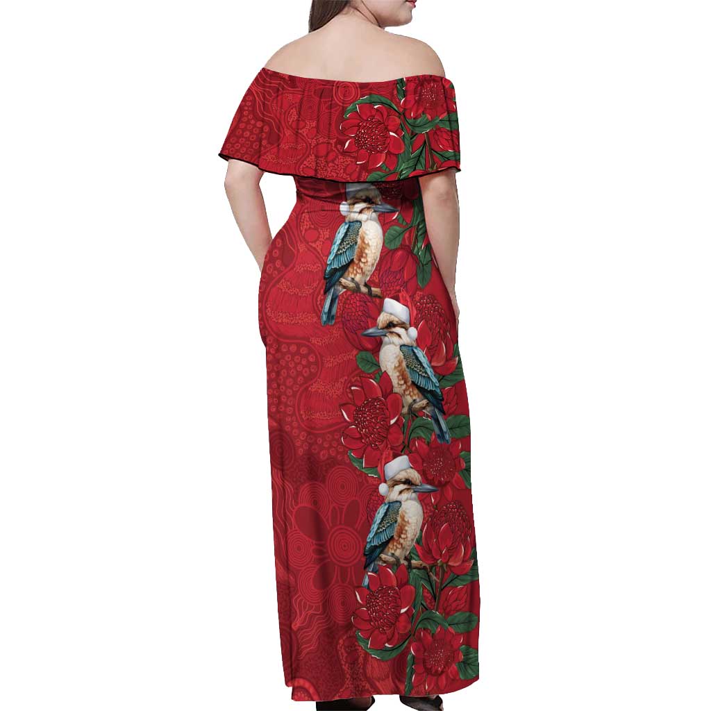Aussie Kokaburra Waratah Christmas Off Shoulder Maxi Dress Aboriginal Dots Painting - Aussie Hoodie