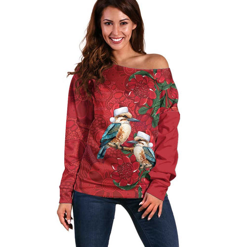 Aussie Kokaburra Waratah Christmas Off Shoulder Sweater Aboriginal Dots Painting - Aussie Hoodie