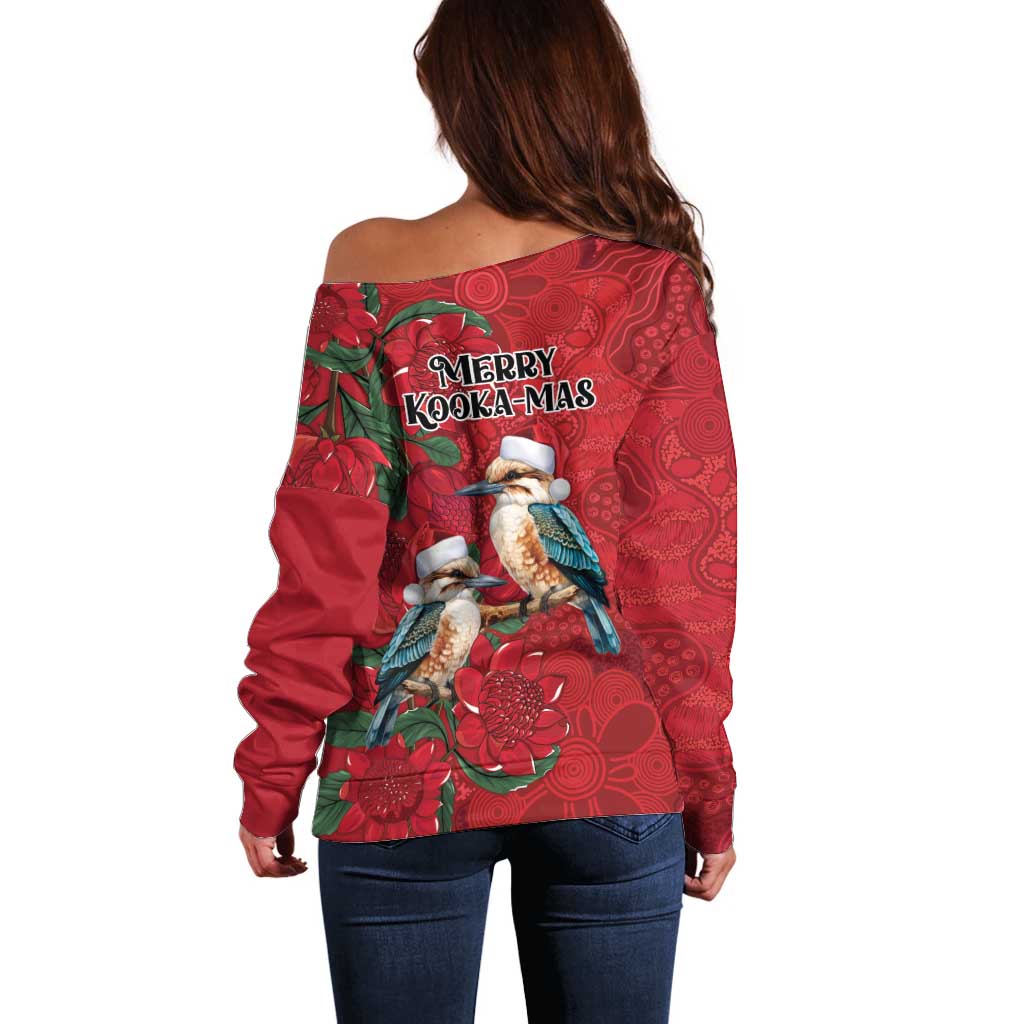 Aussie Kokaburra Waratah Christmas Off Shoulder Sweater Aboriginal Dots Painting - Aussie Hoodie