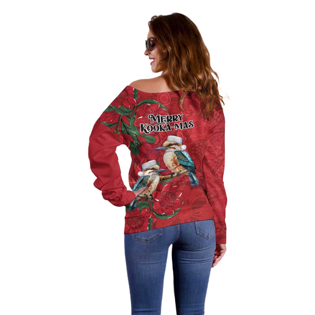 Aussie Kokaburra Waratah Christmas Off Shoulder Sweater Aboriginal Dots Painting - Aussie Hoodie