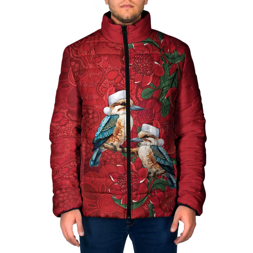 Aussie Kokaburra Waratah Christmas Padded Jacket Aboriginal Dots Painting - Aussie Hoodie