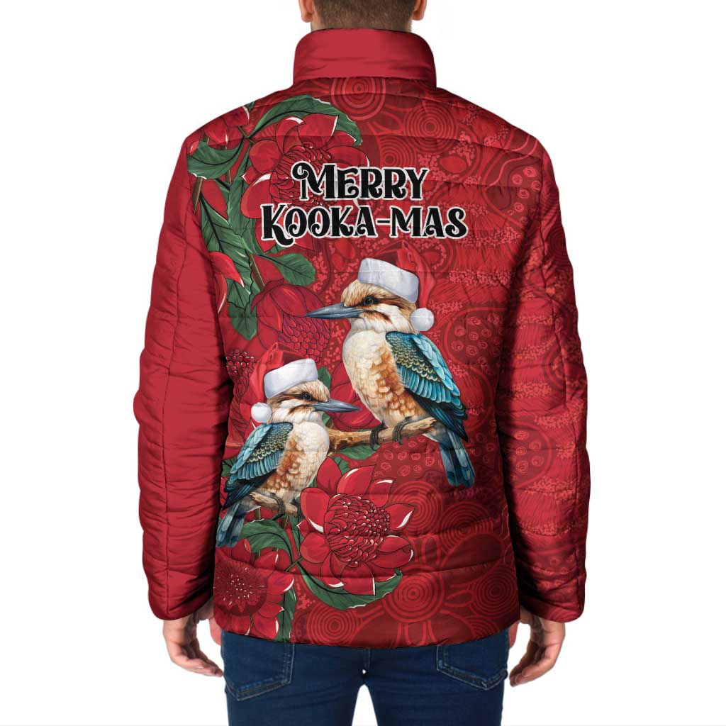 Aussie Kokaburra Waratah Christmas Padded Jacket Aboriginal Dots Painting - Aussie Hoodie
