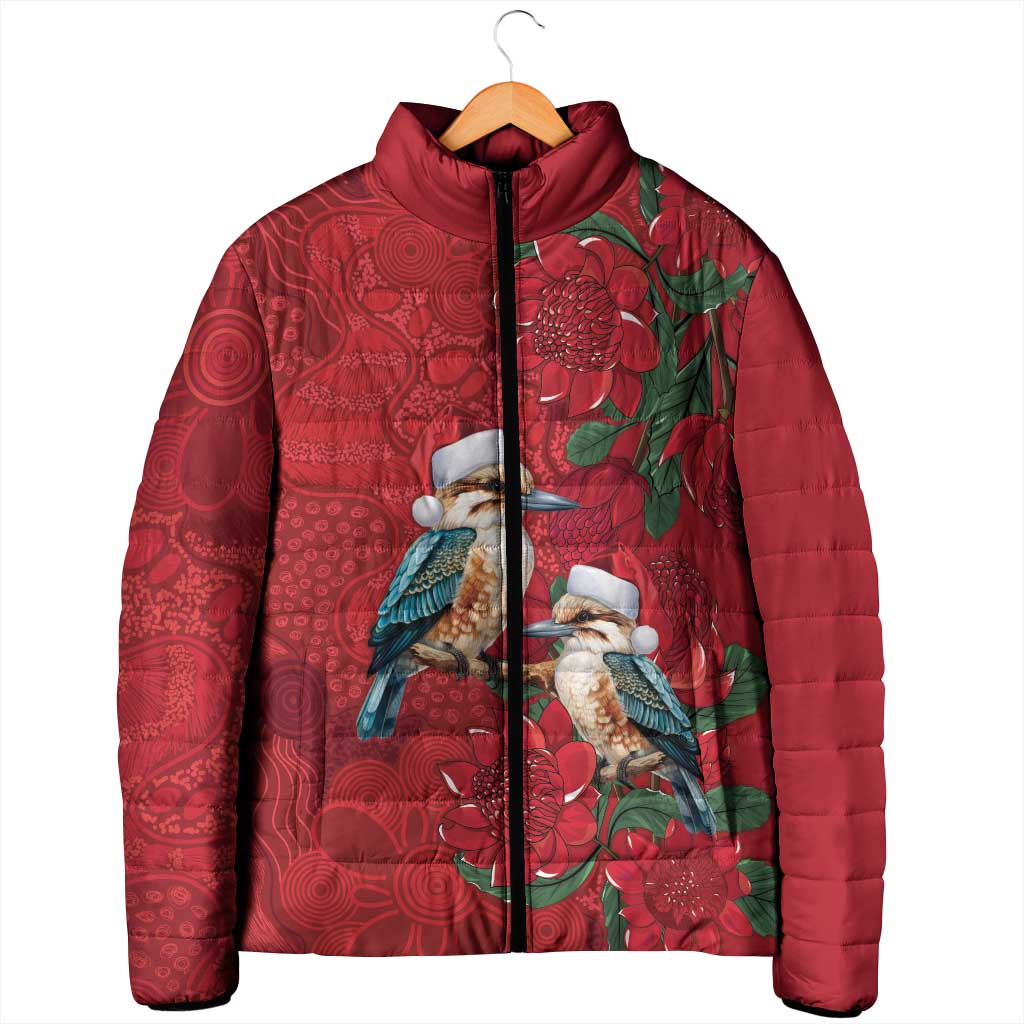 Aussie Kokaburra Waratah Christmas Padded Jacket Aboriginal Dots Painting - Aussie Hoodie