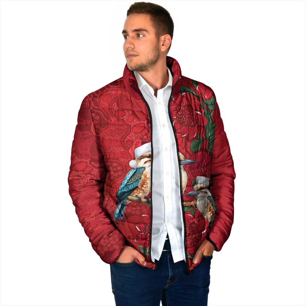 Aussie Kokaburra Waratah Christmas Padded Jacket Aboriginal Dots Painting - Aussie Hoodie