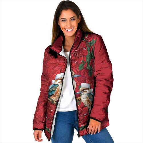 Aussie Kokaburra Waratah Christmas Padded Jacket Aboriginal Dots Painting - Aussie Hoodie