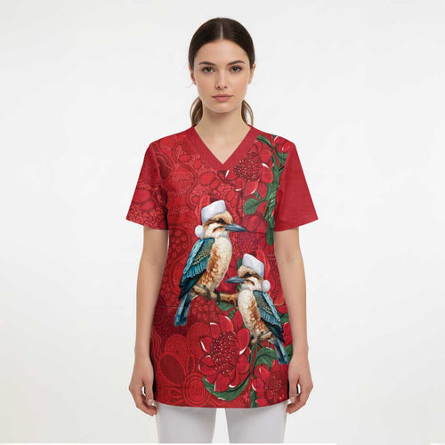 Aussie Kokaburra Waratah Christmas Scrub Top Aboriginal Dots Painting - Aussie Hoodie