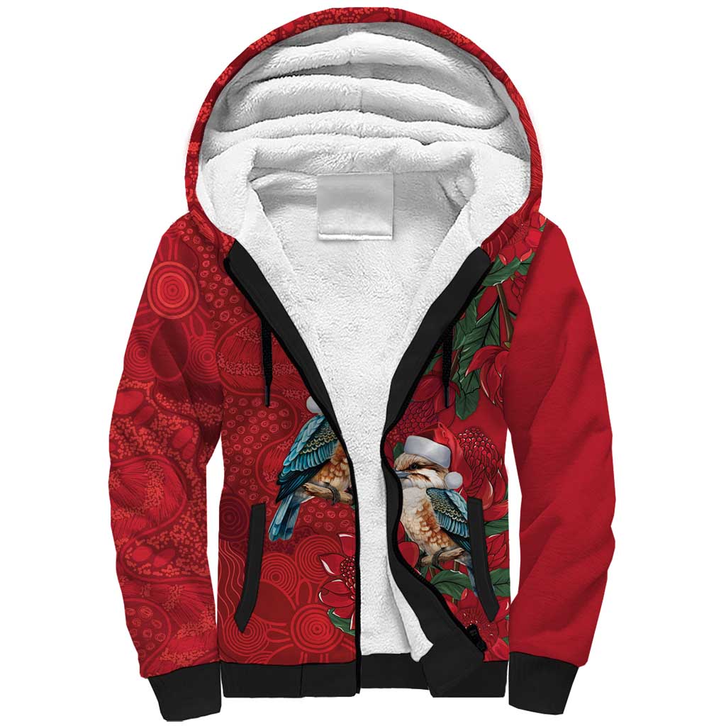 Aussie Kokaburra Waratah Christmas Sherpa Hoodie Aboriginal Dots Painting - Aussie Hoodie