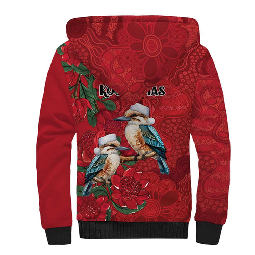 Aussie Kokaburra Waratah Christmas Sherpa Hoodie Aboriginal Dots Painting - Aussie Hoodie