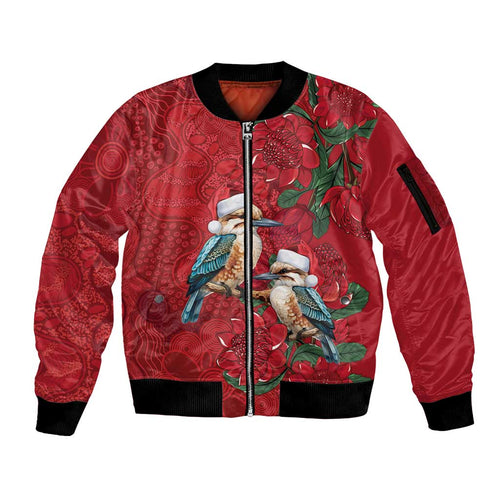 Aussie Kokaburra Waratah Christmas Sleeve Zip Bomber Jacket Aboriginal Dots Painting - Aussie Hoodie