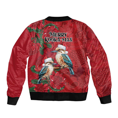 Aussie Kokaburra Waratah Christmas Sleeve Zip Bomber Jacket Aboriginal Dots Painting - Aussie Hoodie