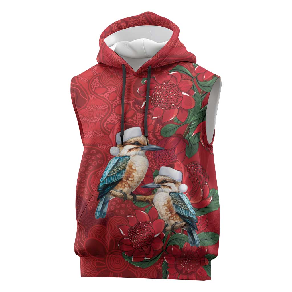 Aussie Kokaburra Waratah Christmas Sleeveless Hoodie Aboriginal Dots Painting - Aussie Hoodie
