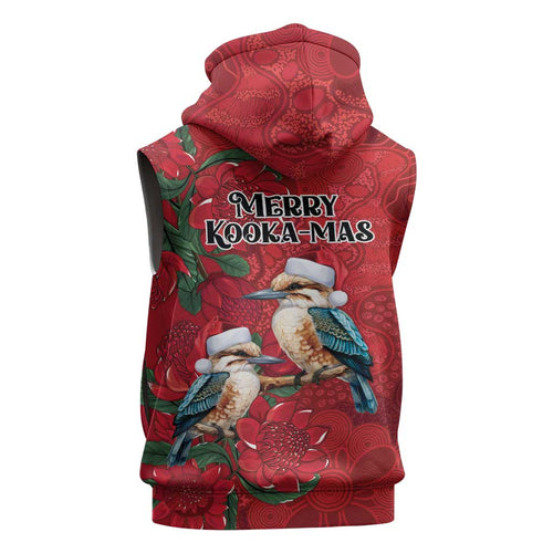 Aussie Kokaburra Waratah Christmas Sleeveless Hoodie Aboriginal Dots Painting - Aussie Hoodie