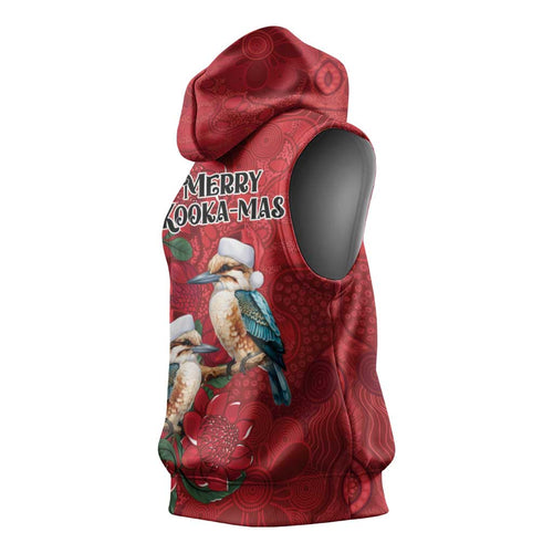 Aussie Kokaburra Waratah Christmas Sleeveless Hoodie Aboriginal Dots Painting - Aussie Hoodie