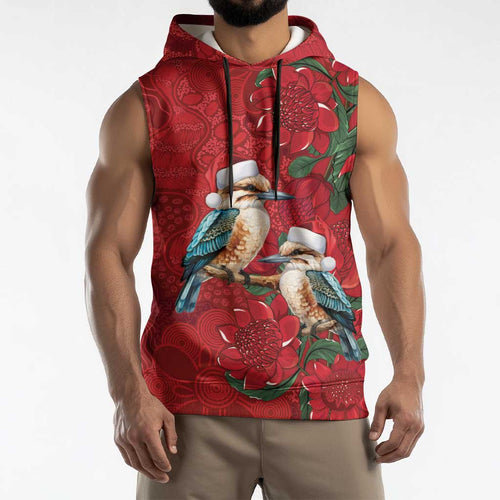Aussie Kokaburra Waratah Christmas Sleeveless Hoodie Aboriginal Dots Painting - Aussie Hoodie