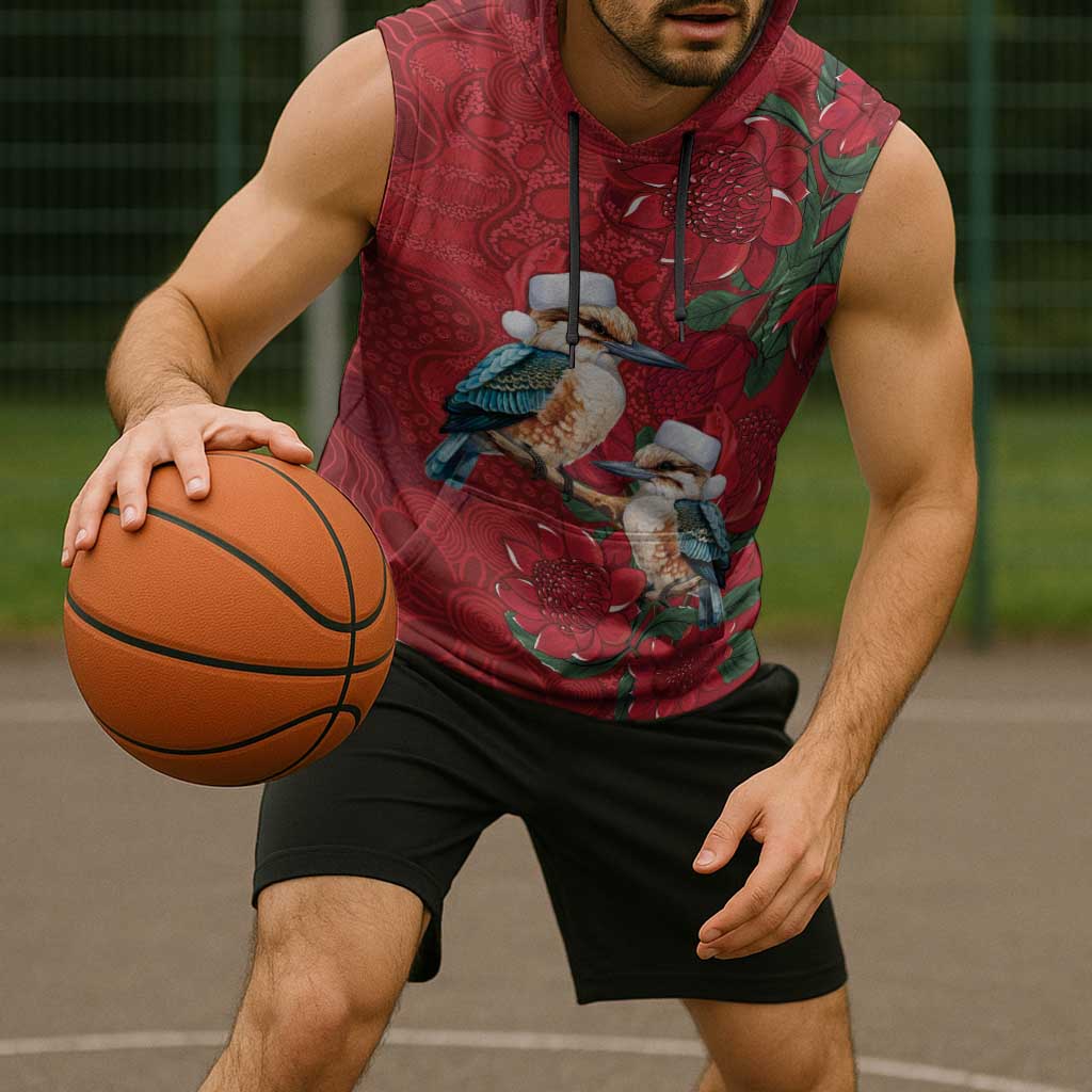 Aussie Kokaburra Waratah Christmas Sleeveless Hoodie Aboriginal Dots Painting - Aussie Hoodie