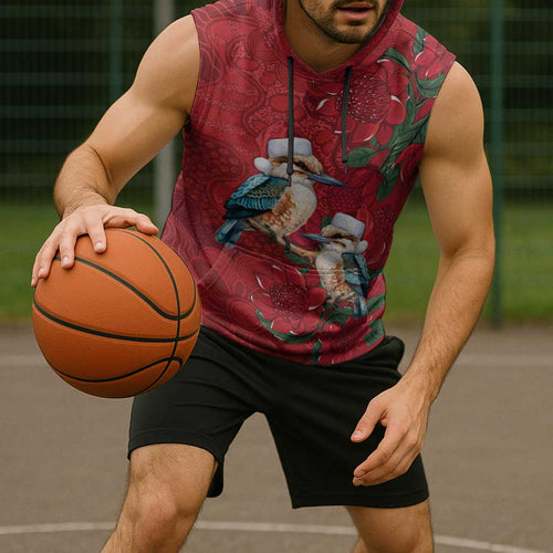 Aussie Kokaburra Waratah Christmas Sleeveless Hoodie Aboriginal Dots Painting - Aussie Hoodie