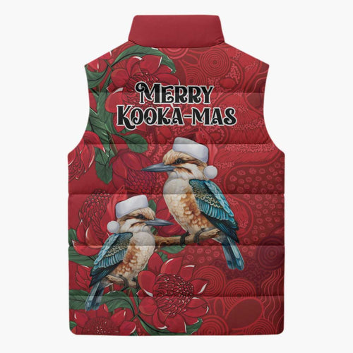 Aussie Kokaburra Waratah Christmas Sleeveless Puffer Jacket Aboriginal Dots Painting - Aussie Hoodie