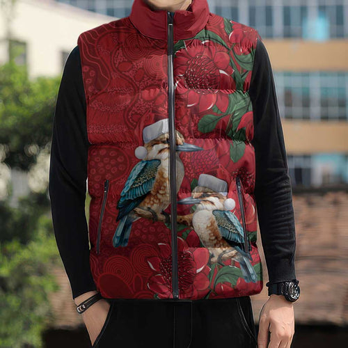 Aussie Kokaburra Waratah Christmas Sleeveless Puffer Jacket Aboriginal Dots Painting - Aussie Hoodie
