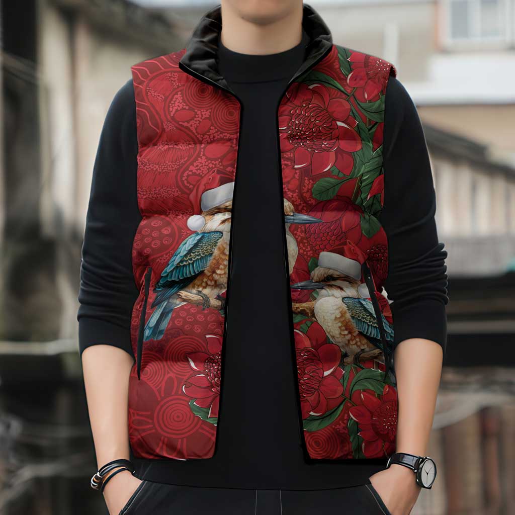 Aussie Kokaburra Waratah Christmas Sleeveless Puffer Jacket Aboriginal Dots Painting - Aussie Hoodie