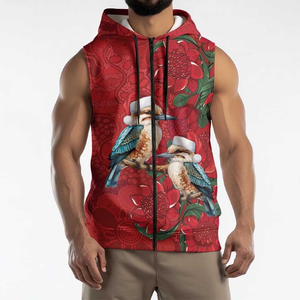 Aussie Kokaburra Waratah Christmas Sleeveless Zip Hoodie Aboriginal Dots Painting LT9