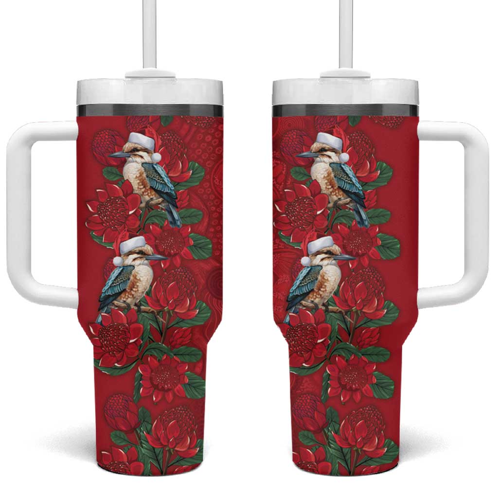 Aussie Kokaburra Waratah Christmas Tumbler With Handle Aboriginal Dots Painting - Aussie Hoodie