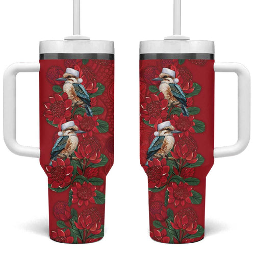 Aussie Kokaburra Waratah Christmas Tumbler With Handle Aboriginal Dots Painting - Aussie Hoodie