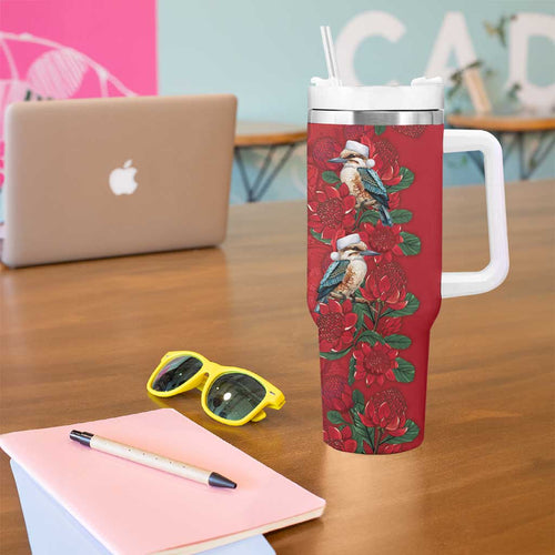 Aussie Kokaburra Waratah Christmas Tumbler With Handle Aboriginal Dots Painting - Aussie Hoodie
