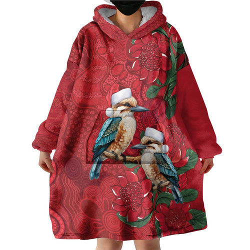 Aussie Kokaburra Waratah Christmas Wearable Blanket Hoodie Aboriginal Dots Painting - Aussie Hoodie