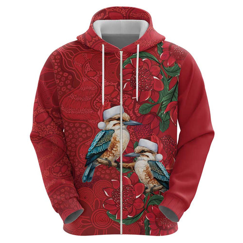 Aussie Kokaburra Waratah Christmas Zip Hoodie Aboriginal Dots Painting - Aussie Hoodie