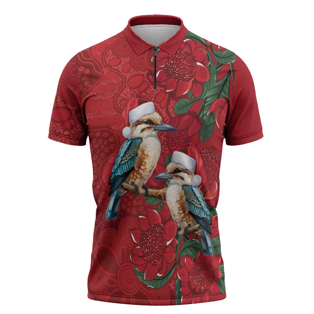 Aussie Kokaburra Waratah Christmas Zipper Polo Shirt Aboriginal Dots Painting - Aussie Hoodie