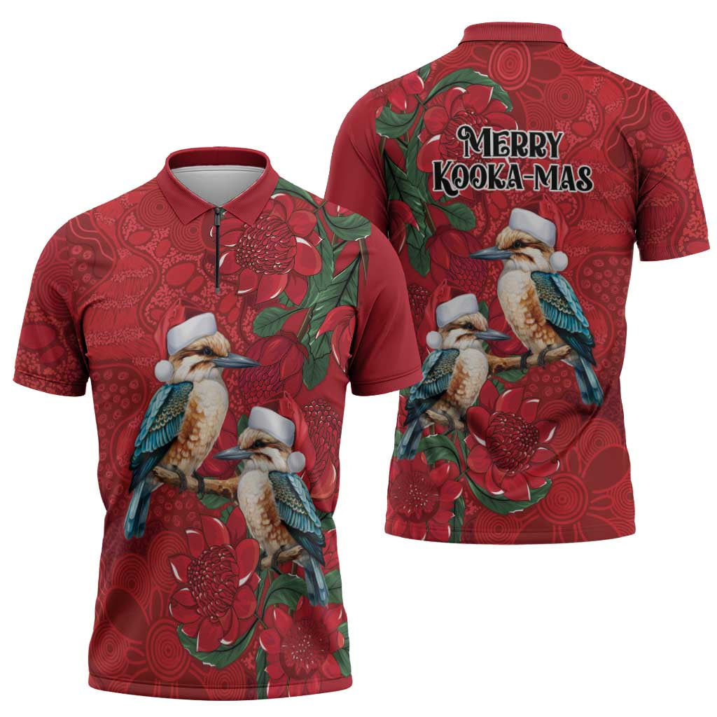 Aussie Kokaburra Waratah Christmas Zipper Polo Shirt Aboriginal Dots Painting - Aussie Hoodie