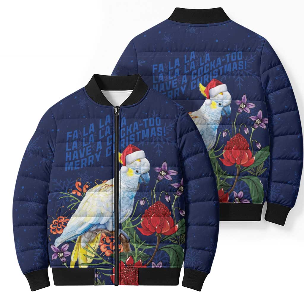 Merry Cocka-mas Bomber Puffer Jacket Australia Christmas Blue Art - Aussie Hoodie