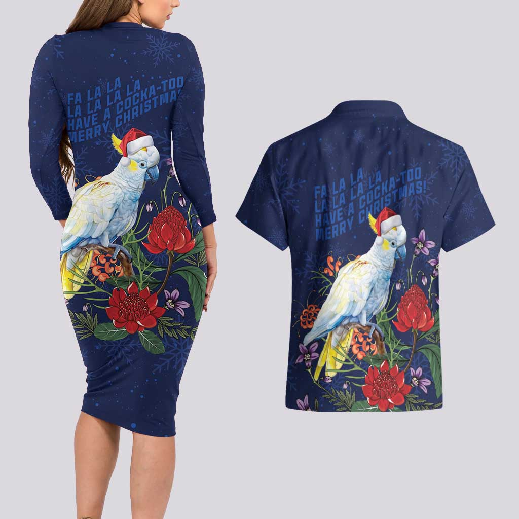 Merry Cocka-mas Couples Matching Long Sleeve Bodycon Dress and Hawaiian Shirt Australia Christmas Blue Art - Aussie Hoodie
