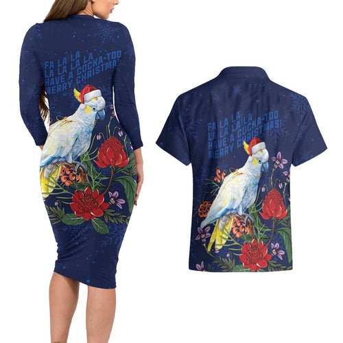 Merry Cocka-mas Couples Matching Long Sleeve Bodycon Dress and Hawaiian Shirt Australia Christmas Blue Art - Aussie Hoodie