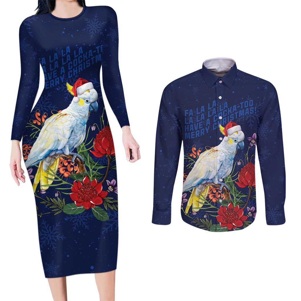 Merry Cocka-mas Couples Matching Long Sleeve Bodycon Dress and Long Sleeve Button Shirt Australia Christmas Blue Art - Aussie Hoodie